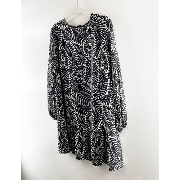LOFT Fern Printed Flounce Long Sleeve Mini Swing Dress Black Medium Petites - Picture 5 of 7